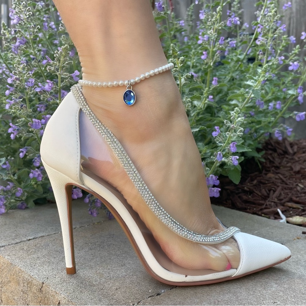 Something Blue 4mm Swarovski Pearl Oval Blue Charm Anklet.